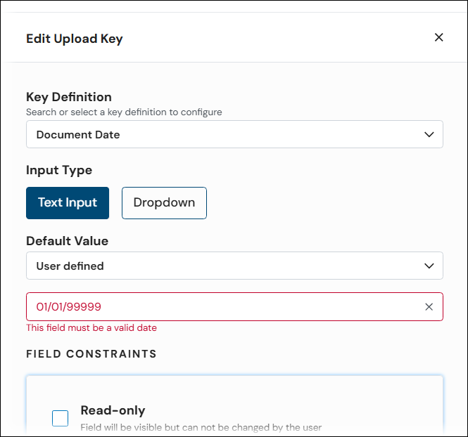 The Edit Upload Key with an invalid date in the default value box and a validation error displayed.